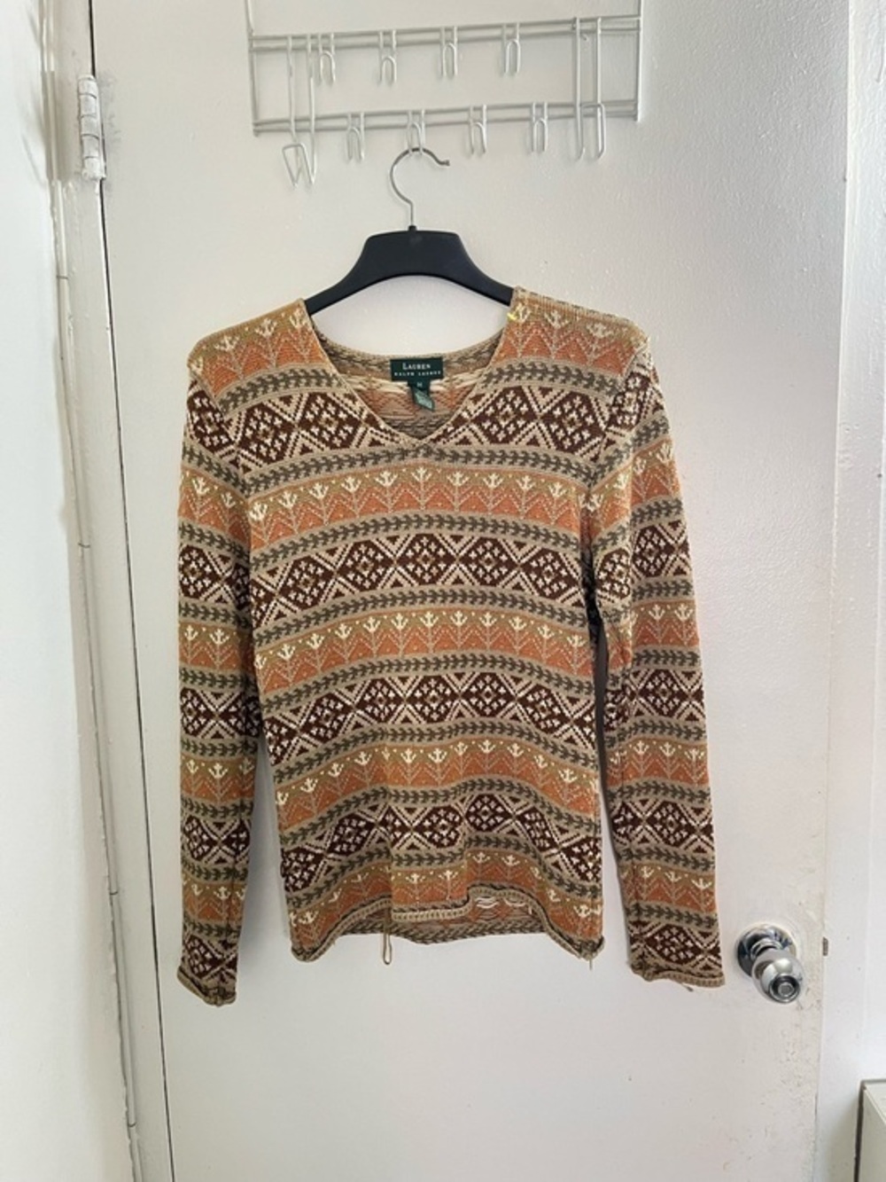 Lauren Ralph Lauren Women's V-Neck Fair Isle Sweater in Tan and Brown